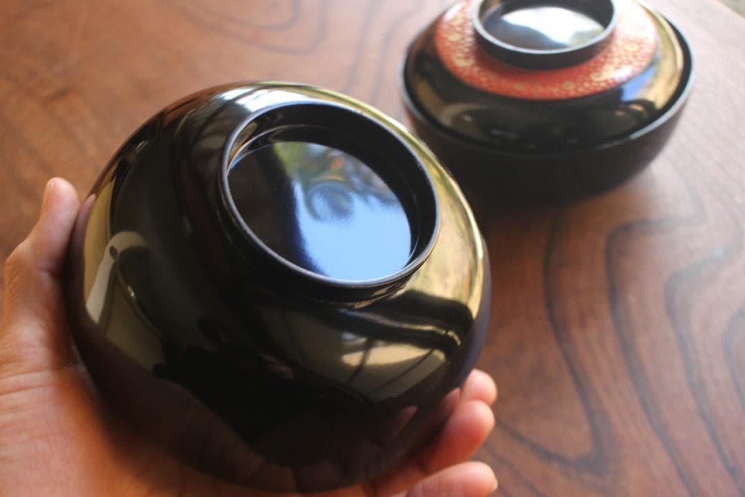 塗キズ有！優美な塗分けに極上木芙蓉蒔絵の映えるお椀2点（検輪島塗京塗雑煮椀