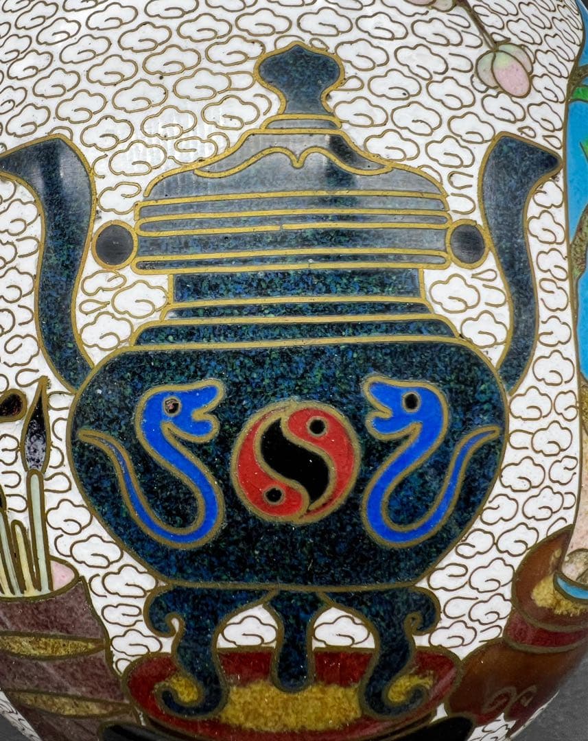 中國美術 古玩 景泰藍 七宝焼 超大博古紋茶入 茶筒 茶道具 高さ20.5cm