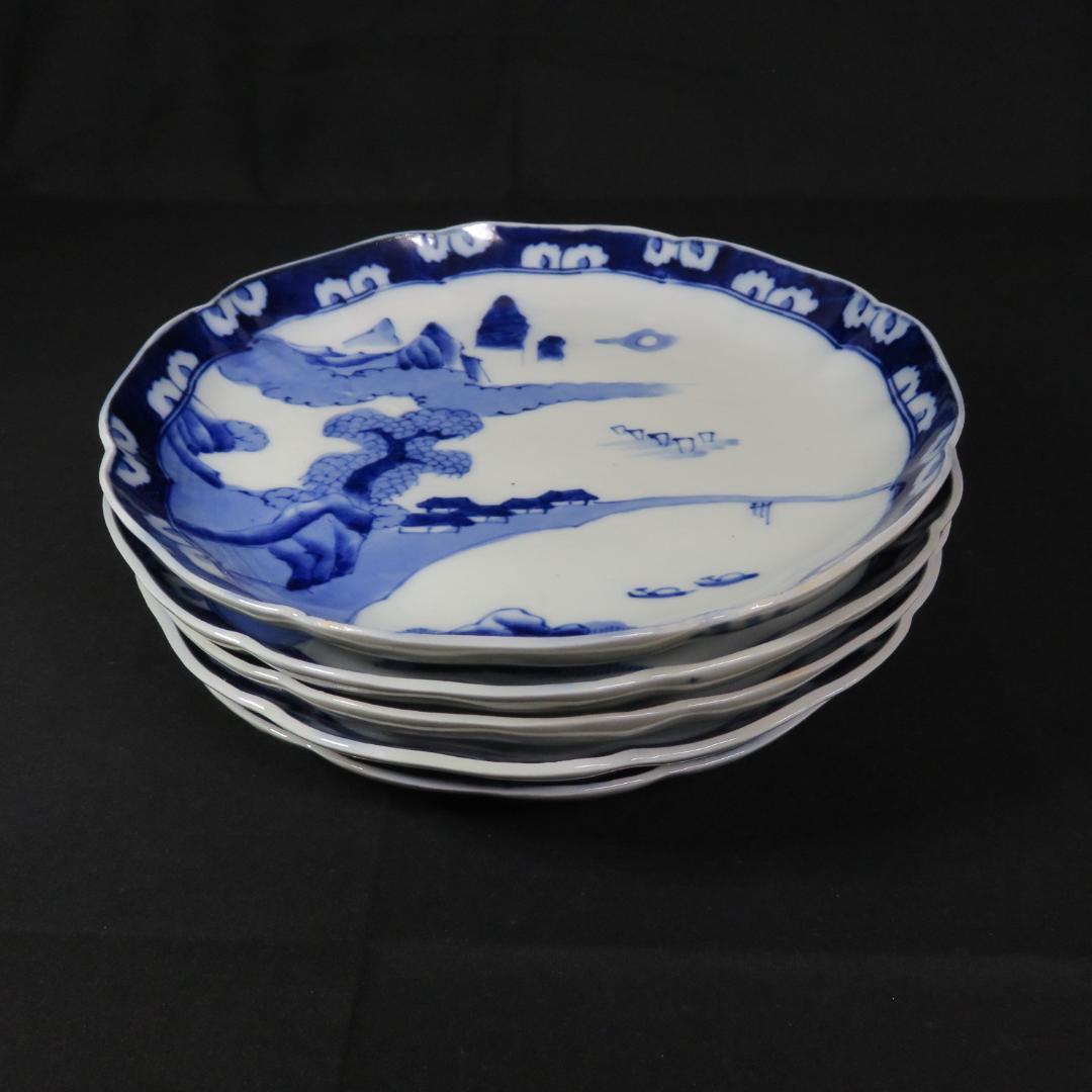 大皿 染付 古伊万里 明治 大正 山水 花文様 家屋 帆船 窯傷 名家 5枚