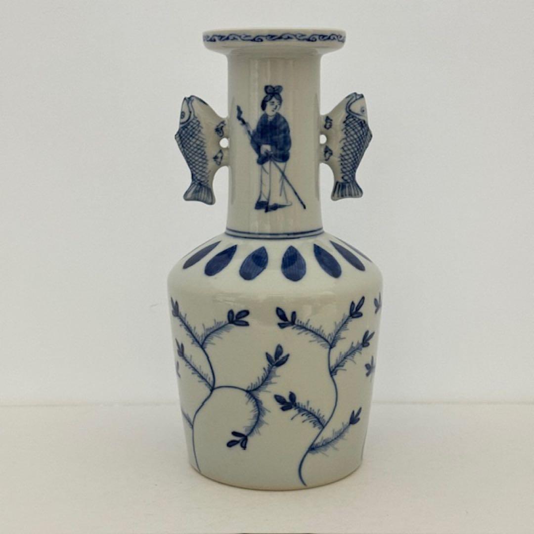 茶道具 九谷 晴山 染付高砂花入 鯉耳 共箱 茶道