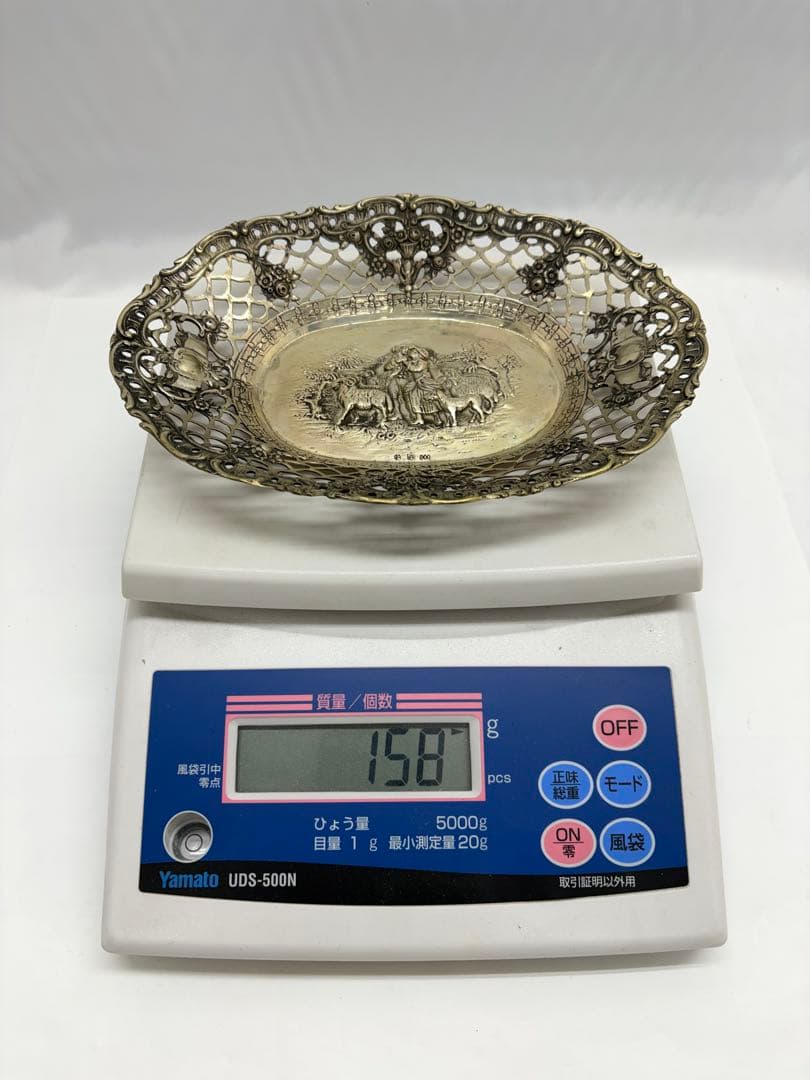 羊飼いと娘 シルバー ディッシュトレイ 銀製 800 刻印 楕円 透かし彫り