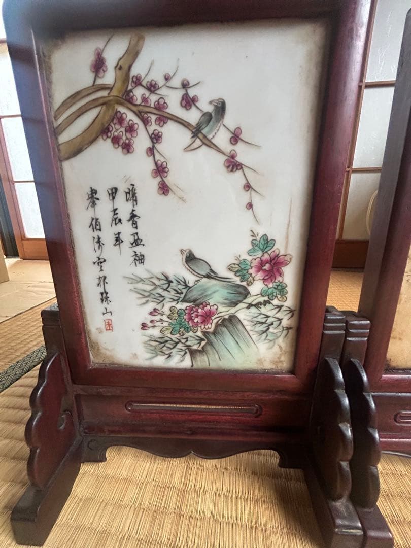 中国屏風。鳥と花の絵柄の木製フレーム2枚セット