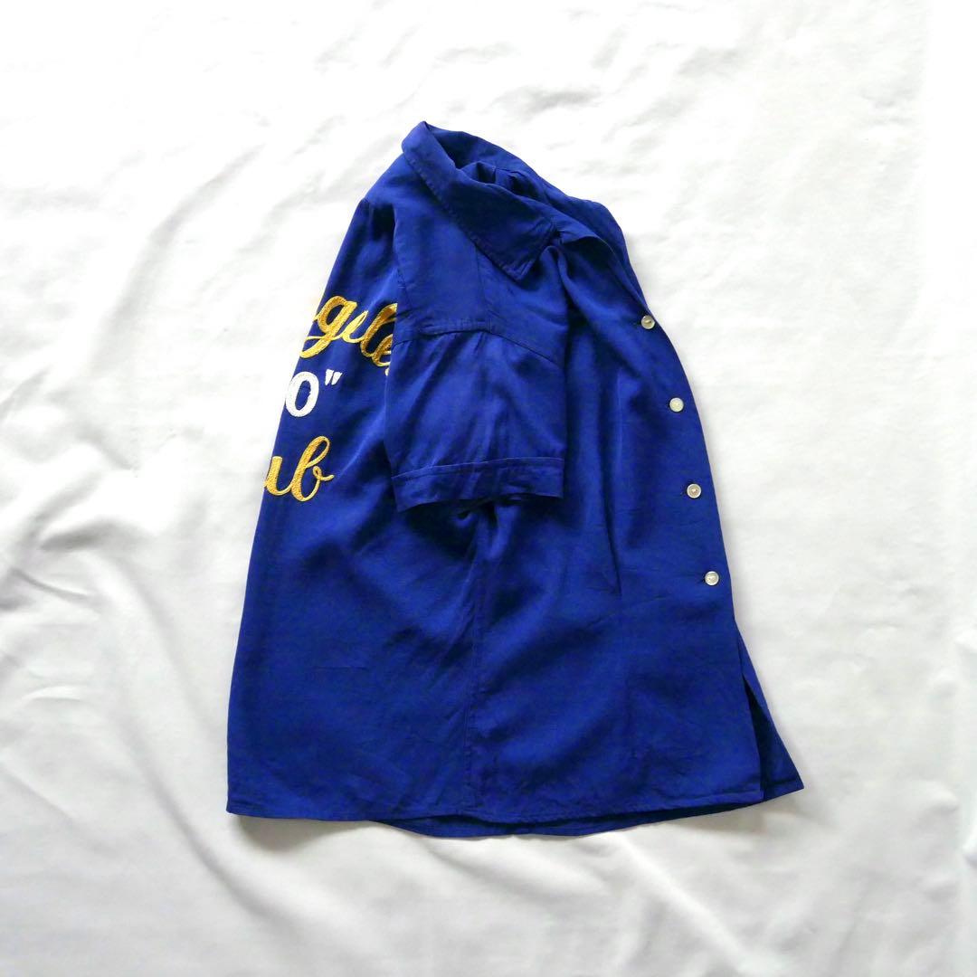 60s vintage ブルー　チェーンステッチ　レーヨン　ボーリングシャツ