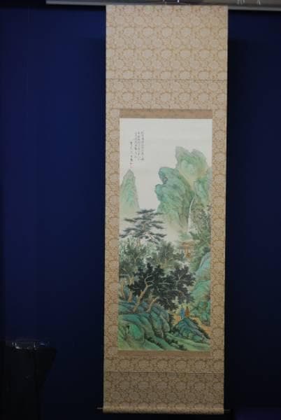 真作/翠光/青緑渓山訪友図/山水図/布袋屋掛軸HC-895