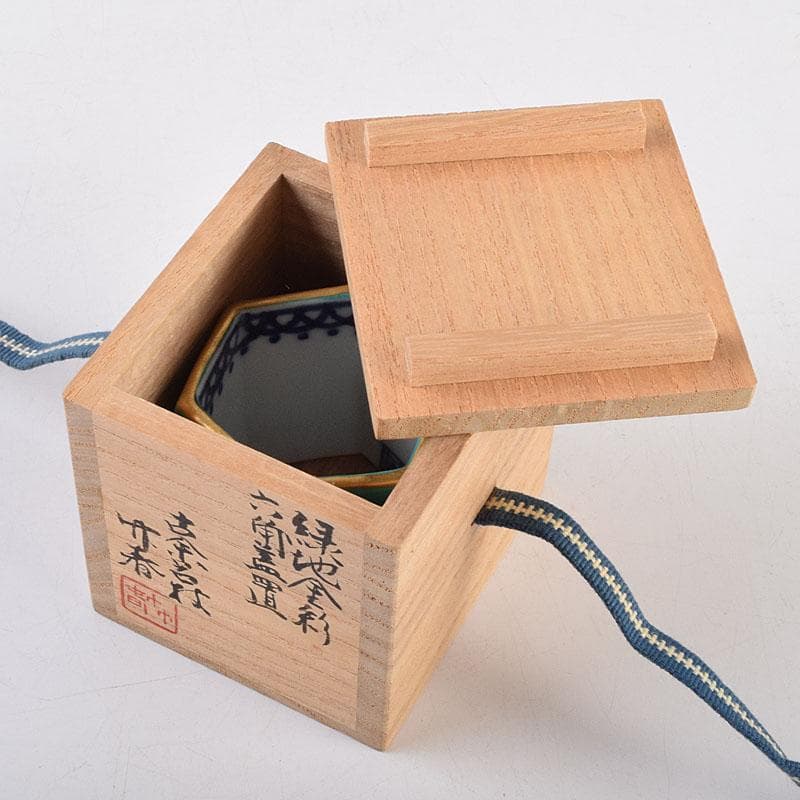 茶道具　古余呂技窯　川瀬竹春作　緑地金彩　六角蓋置　共布共箱　Z　8907