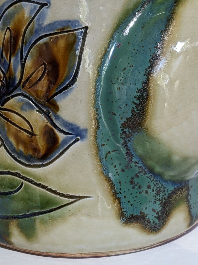 ♦民藝 琉球焼 緑釉流し掛け 箆彫り 草花文 水注 ポット 沖縄 やちむん骨董品