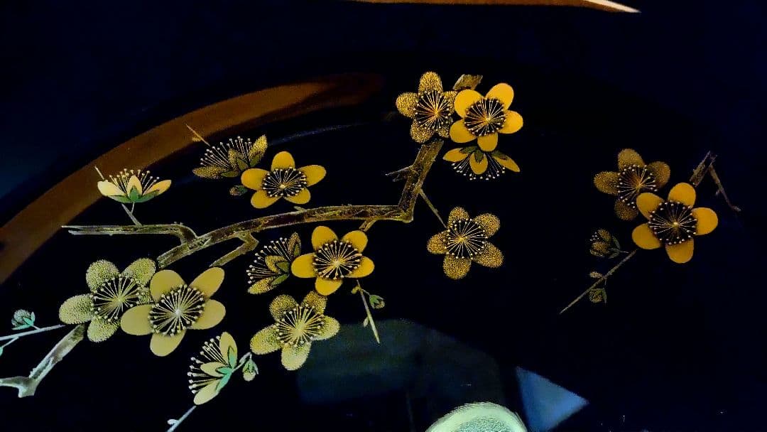 輪島塗 輪島漆器 谷内和子作 丸盆 おしどり 梅 沈金 金箔