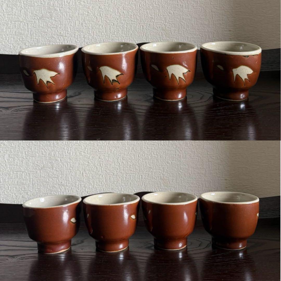 民藝 古作 益子焼 柿釉 抜絵 茶器揃 急須 湯呑み4客 古民藝 民芸