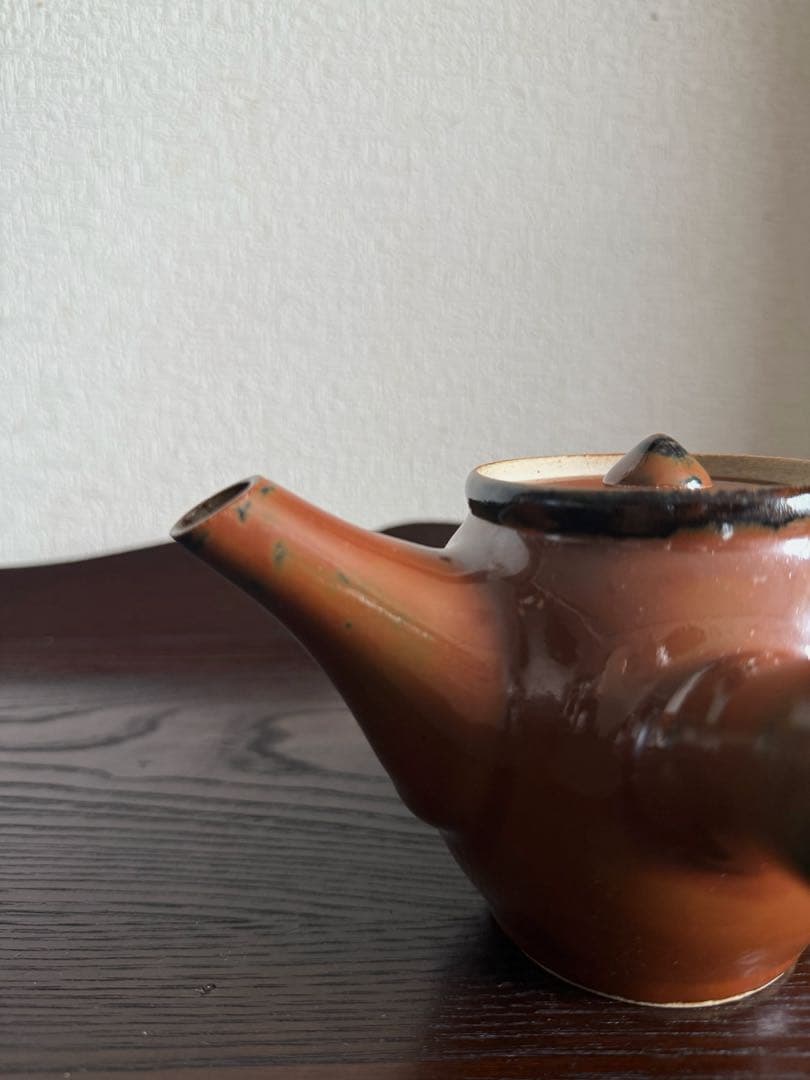 民藝 古作 益子焼 柿釉 抜絵 茶器揃 急須 湯呑み4客 古民藝 民芸