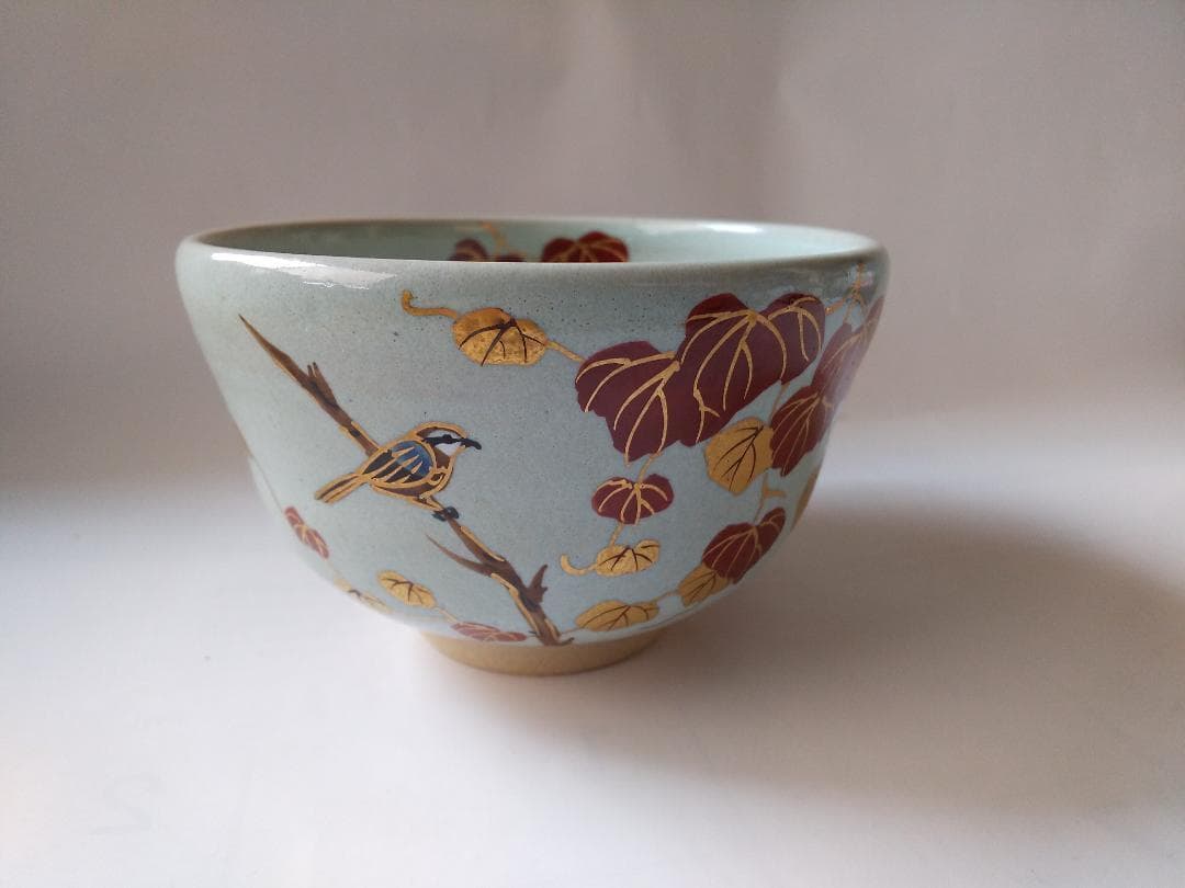 橋本紫雲 平安紫雲 色絵 失透釉 蔦ニ百舌文 茶碗 共箱 共布 茶道具 新品