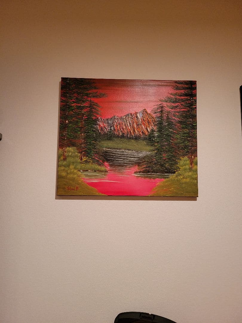 油彩画 自然の風景 赤い空と緑の木々