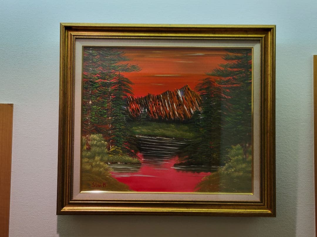 油彩画 自然の風景 赤い空と緑の木々