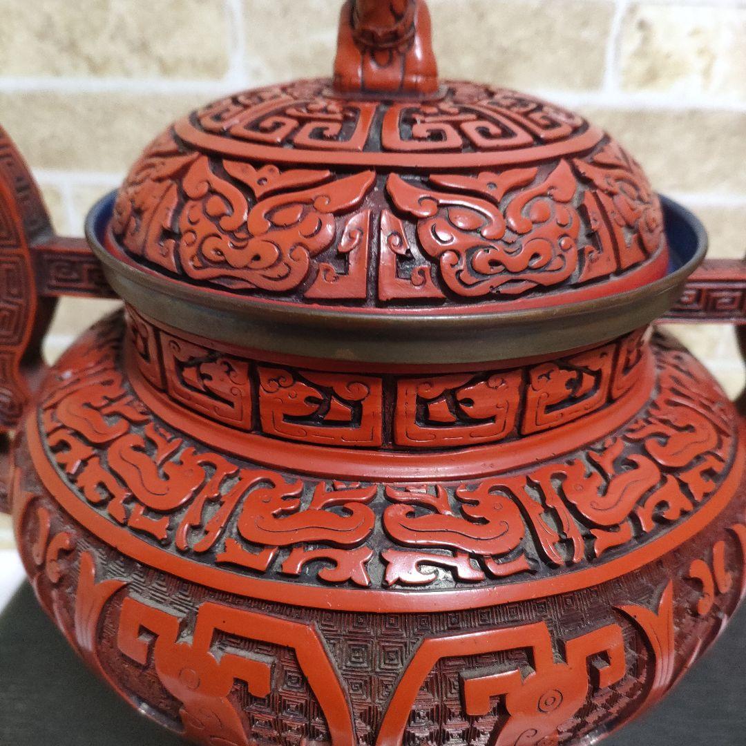 【希少】中国 堆朱 三足香炉 大香炉 香道具 獅子 細密彫刻 饕餮古獣紋32cm