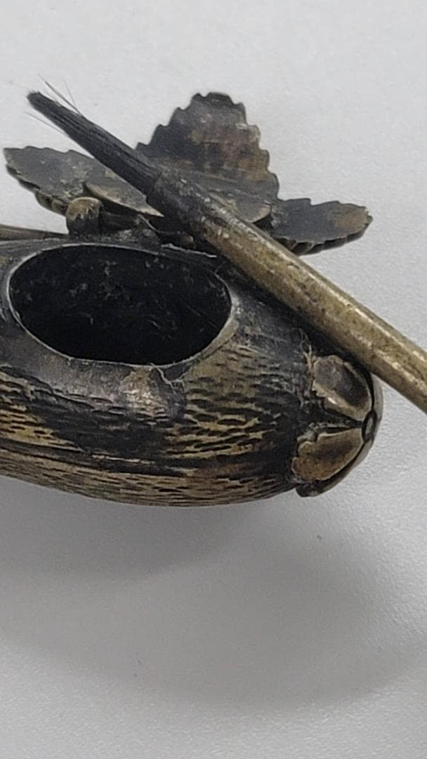 時代物　古銅　象嵌装飾入り　矢立て　書道具　筆入り　小さい