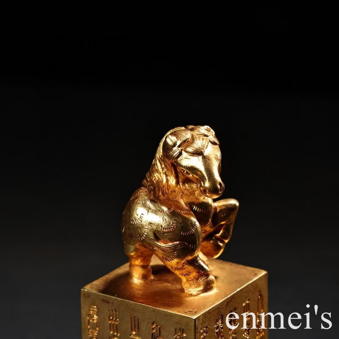 中国古美術・旧蔵鍛金鎏金の馬印鑑・純銅细密彫・高浮彫・置物・書道具・文房具・風水