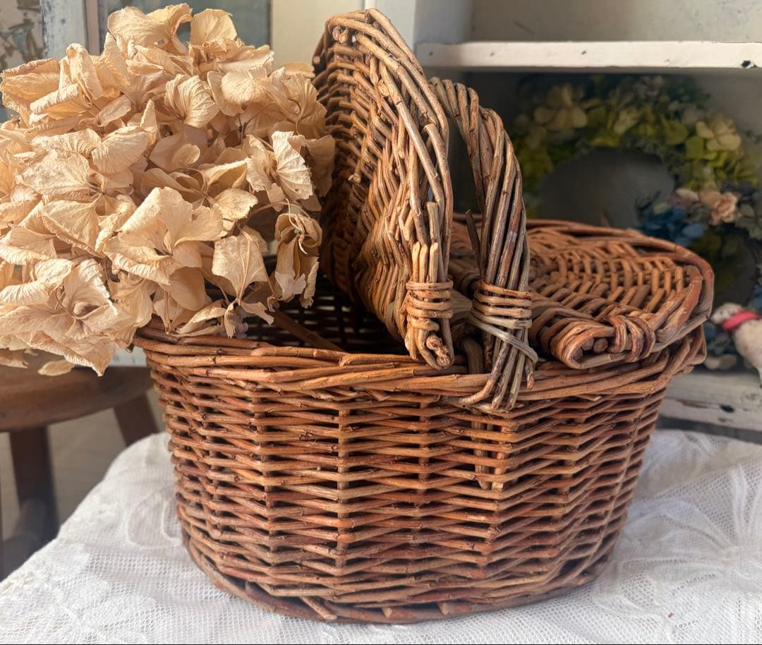 フランスアンティーク パニエ 木製 バスケット 藤 かご 籠 ボックス 蚤の市