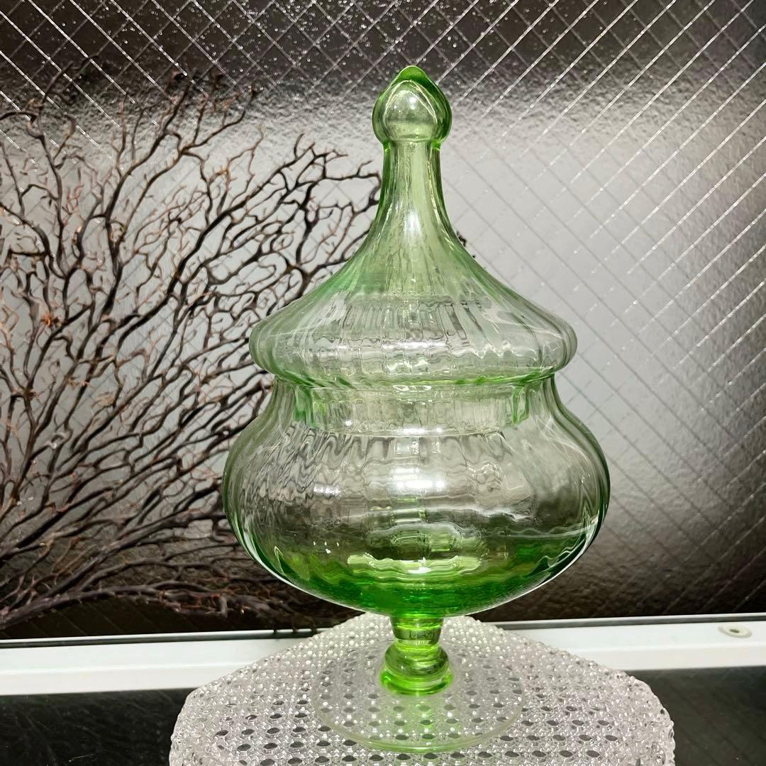 骨董　時代ガラス　ライムグリーン　ボンボニエール 菓子器　キャニスター