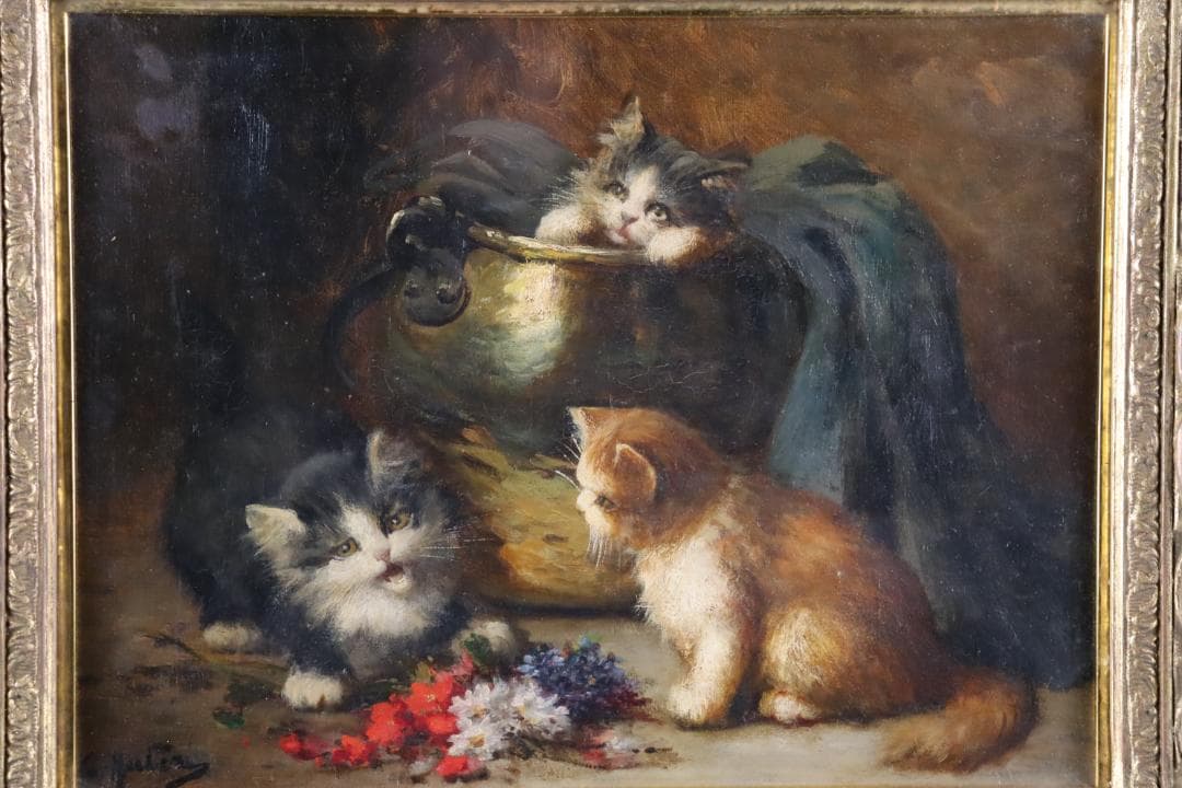 真作保証 19世紀 古画 「3匹の猫」 油彩4号 希少な動物画