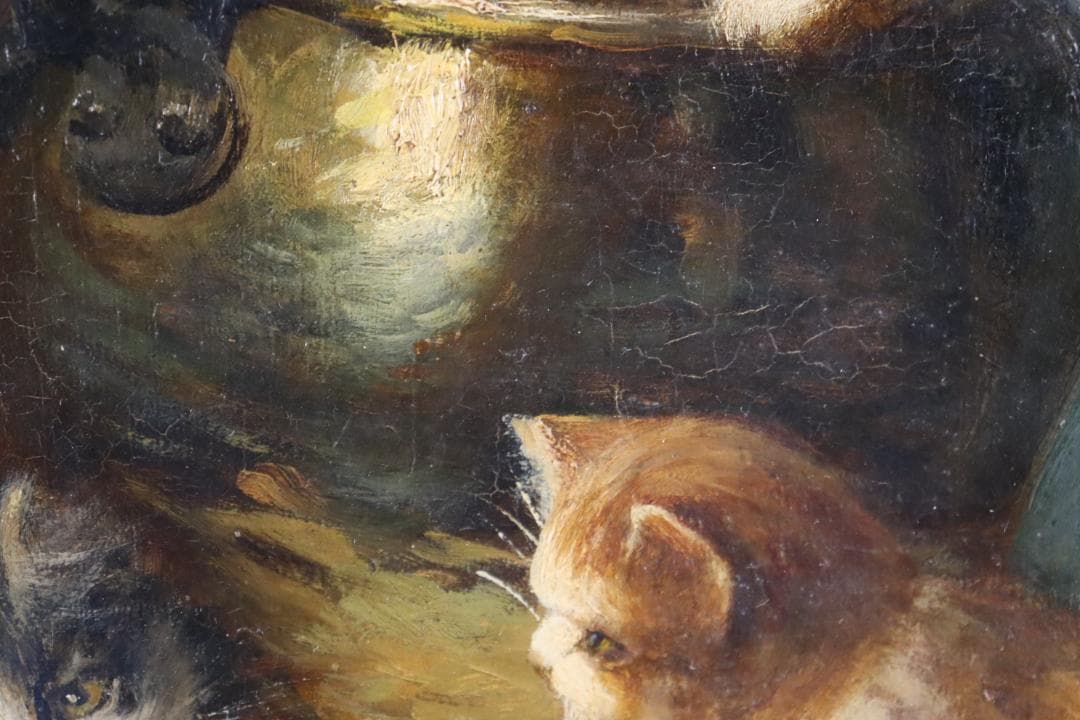 真作保証 19世紀 古画 「3匹の猫」 油彩4号 希少な動物画