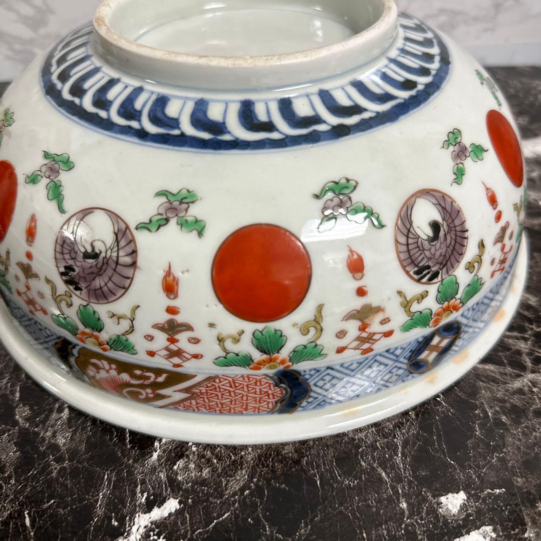 古伊万里、染錦、花鳥図、赤玉、中鉢。