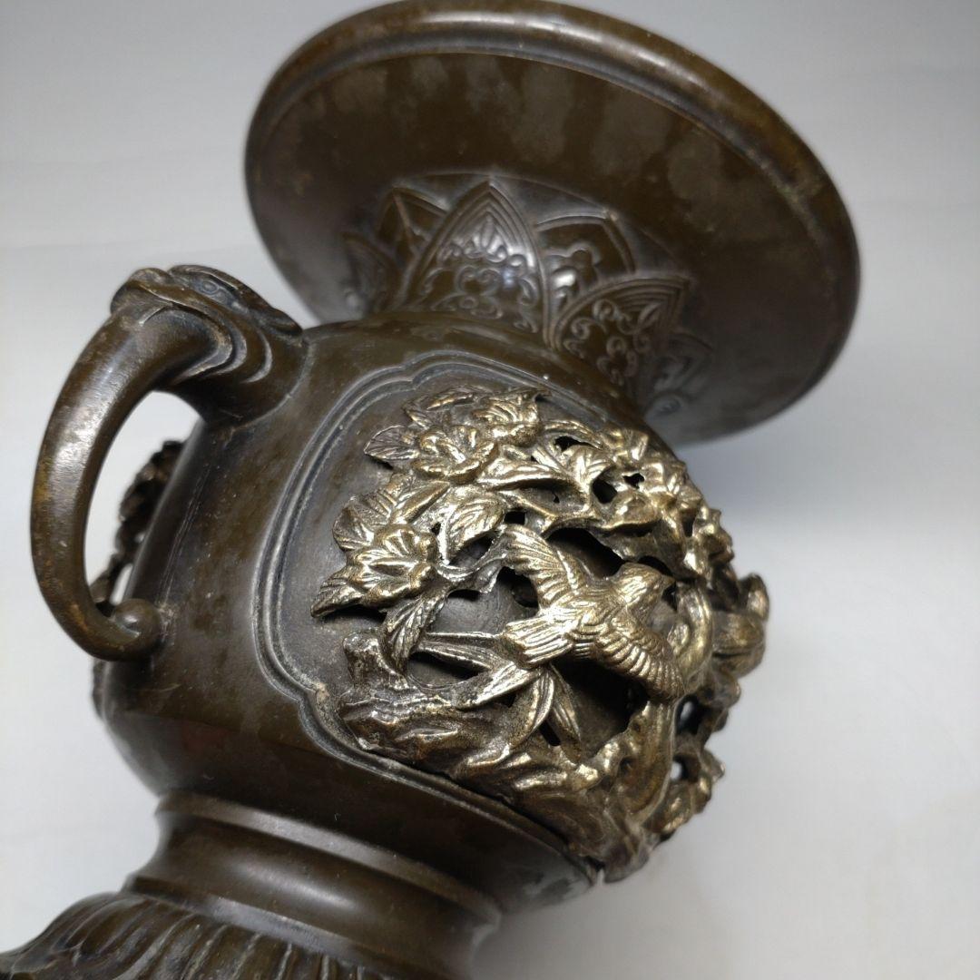銅製 花鳥図 五具足 在銘／獅子香炉 燭台 花立 法具 仏教 仏壇 彫金 獣耳