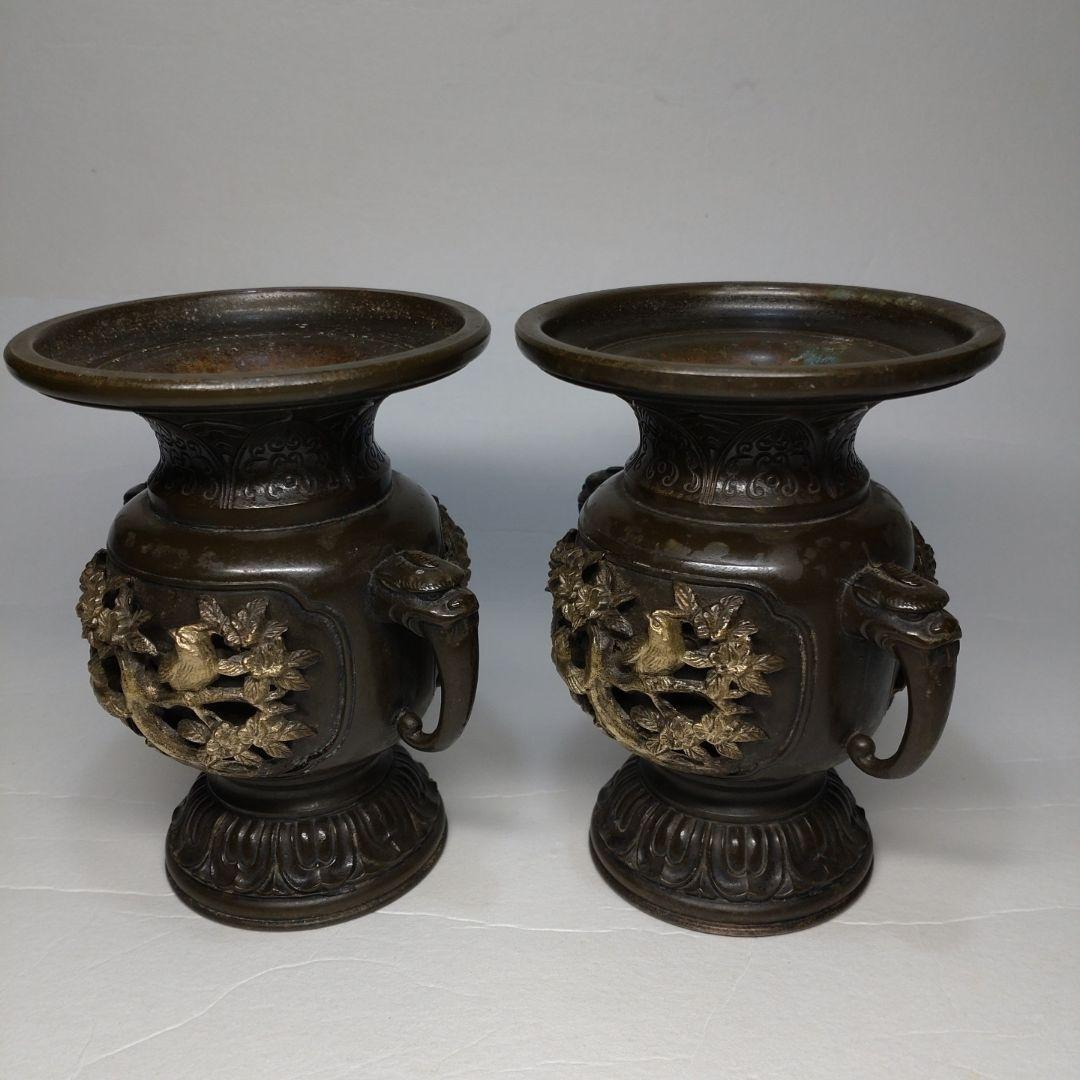 銅製 花鳥図 五具足 在銘／獅子香炉 燭台 花立 法具 仏教 仏壇 彫金 獣耳