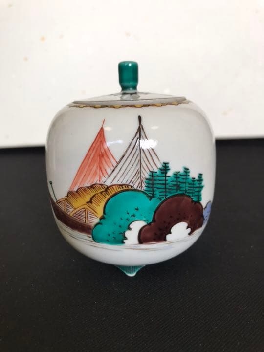 九谷の名工  三ツ井為吉作 色絵 十網図 香炉 K84 共箱