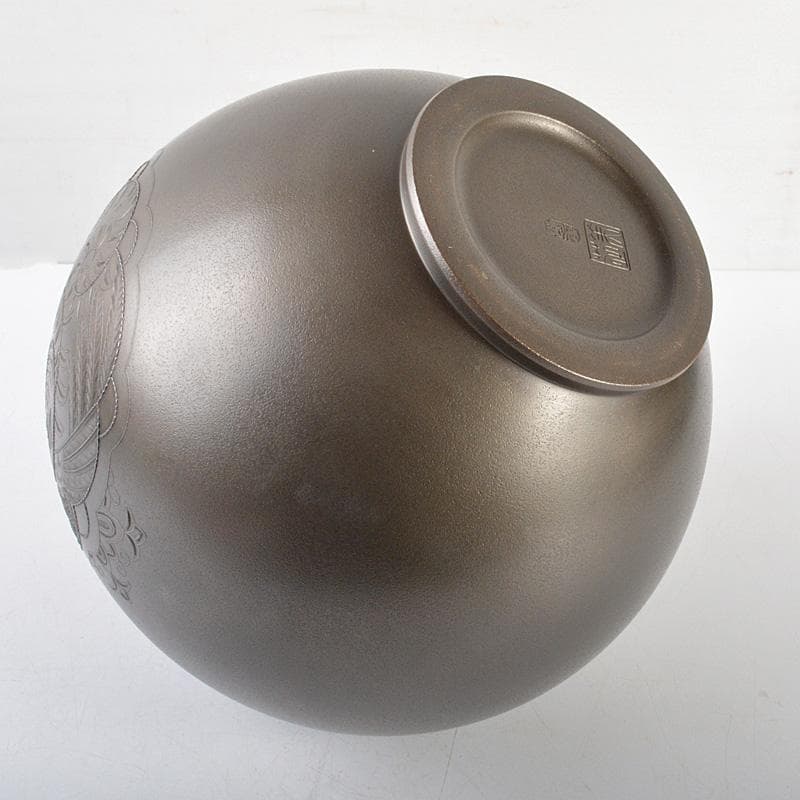 高岡銅器　般若勘渓作　鋳銅　銀象嵌　美芝刻　鳳凰文　花瓶　共箱　M　R6081C