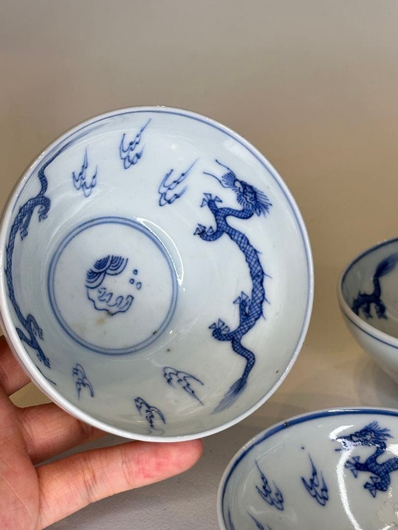 中国 大清雍正年製款 青花染付 龍文 湯呑 三客 サイズ違い アンティーク