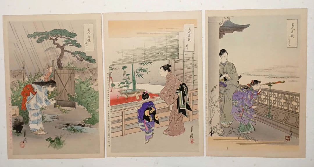 浮世絵版画、美人花競（全24枚揃い目録付き画帖崩れ) 尾形月耕画明治20年代出版