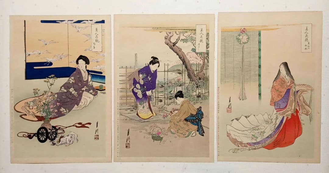 浮世絵版画、美人花競（全24枚揃い目録付き画帖崩れ) 尾形月耕画明治20年代出版