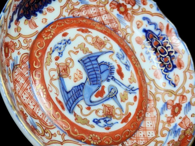 古伊万里　金襴手　鶴に七宝紋の図　4寸皿　5枚　D048AS-DAr