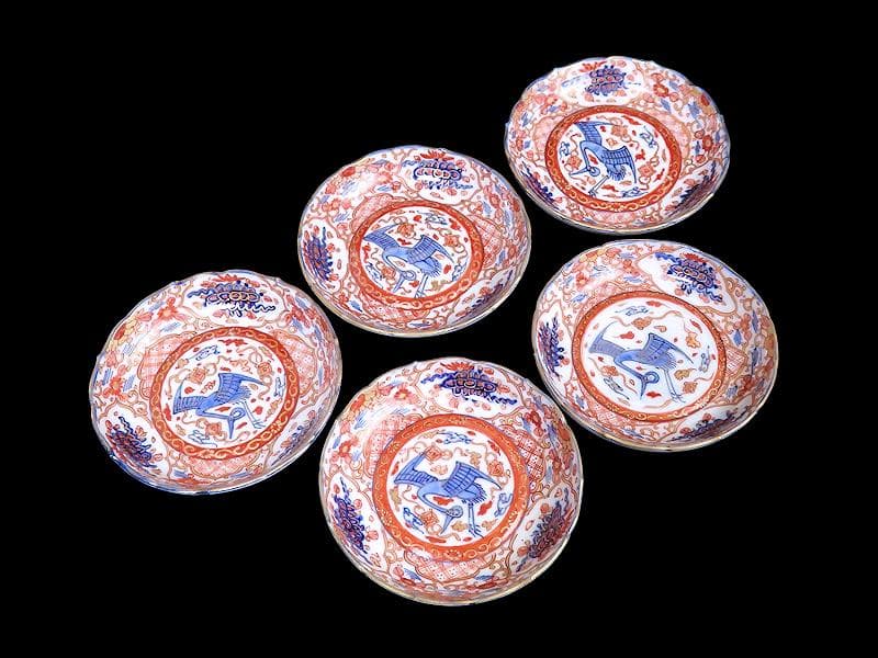 古伊万里　金襴手　鶴に七宝紋の図　4寸皿　5枚　D048AS-DAr