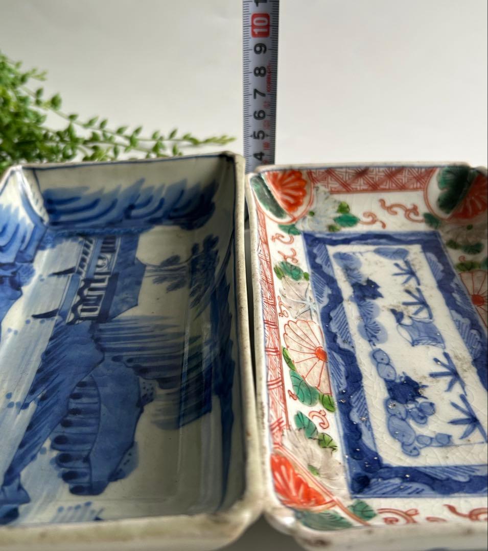 古伊万里　風景 色絵　染錦　角皿 2枚セット