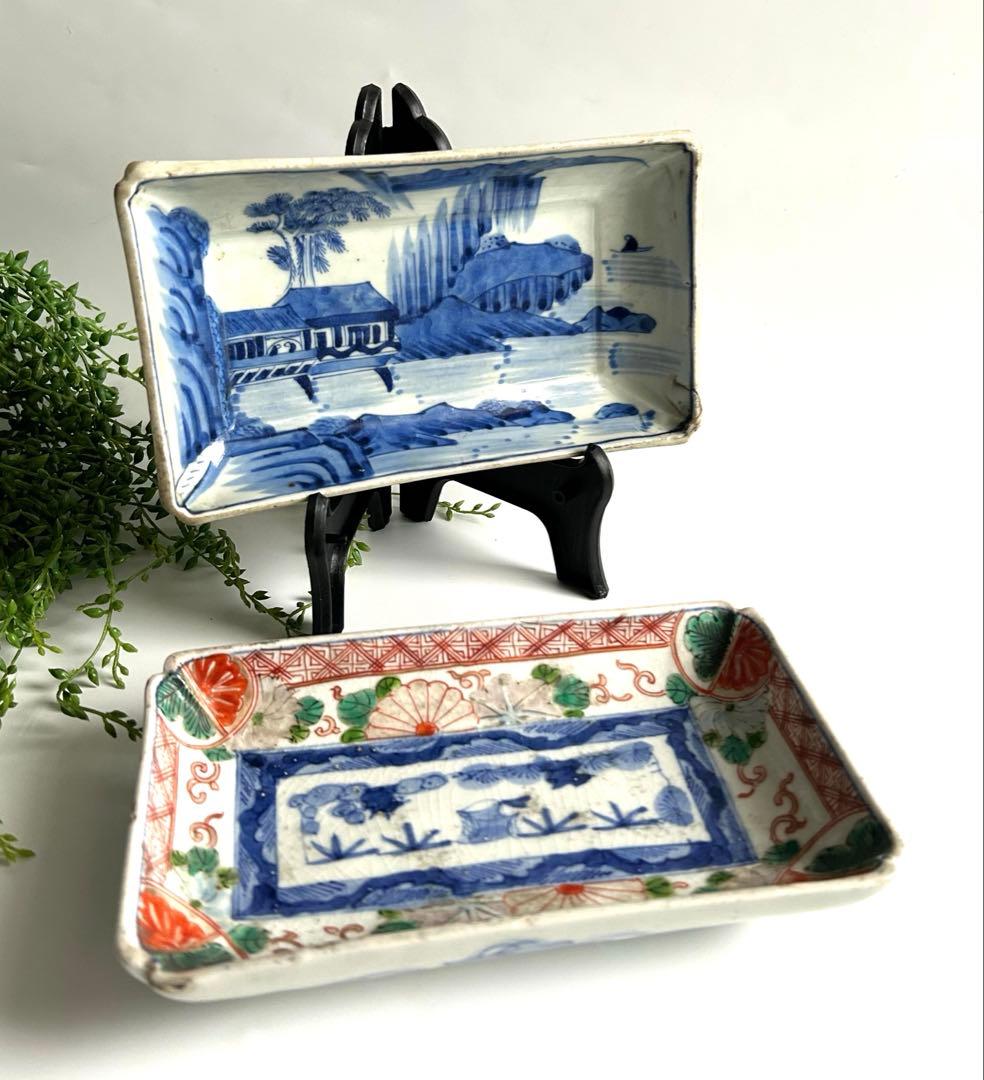 古伊万里　風景 色絵　染錦　角皿 2枚セット