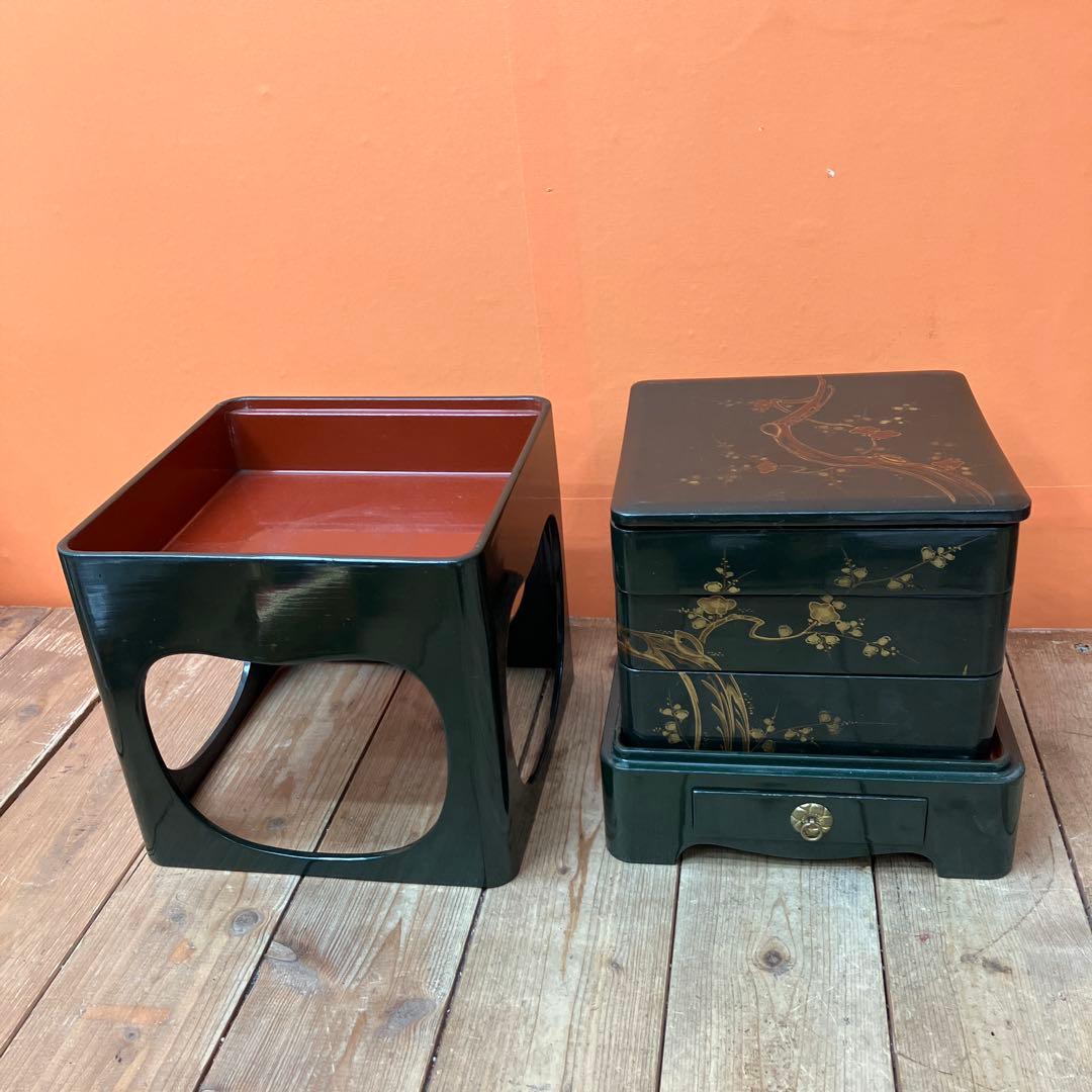 D-5 吉原重 時代物 野弁当 漆器 お重箱 提重 木製 蒔絵 桐箱入り 骨董品