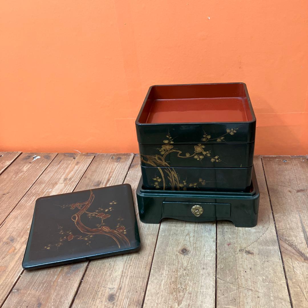 D-5 吉原重 時代物 野弁当 漆器 お重箱 提重 木製 蒔絵 桐箱入り 骨董品