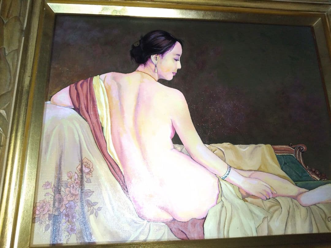 森本草介、絵画、裸婦、油彩６号、憩いの時、高級額縁、肉筆