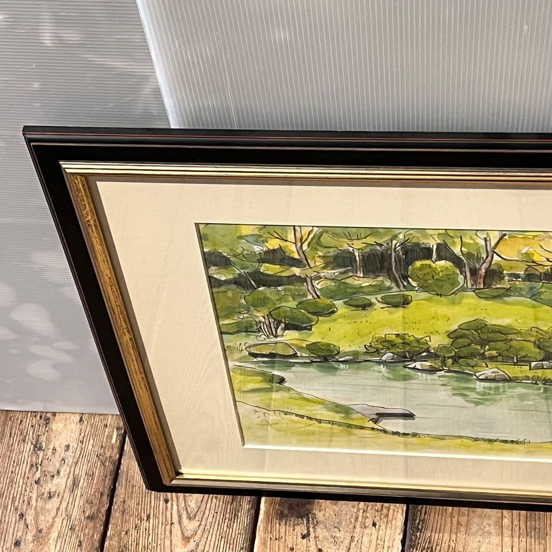 透明水彩画　日本庭園　MARUO 額縁入り　緑　園庭　インテリア　希少