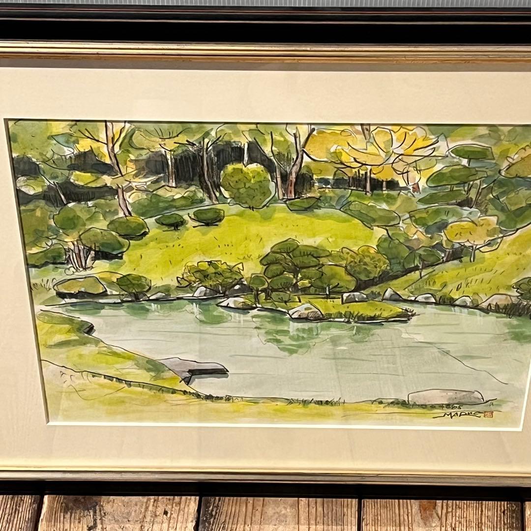 透明水彩画　日本庭園　MARUO 額縁入り　緑　園庭　インテリア　希少