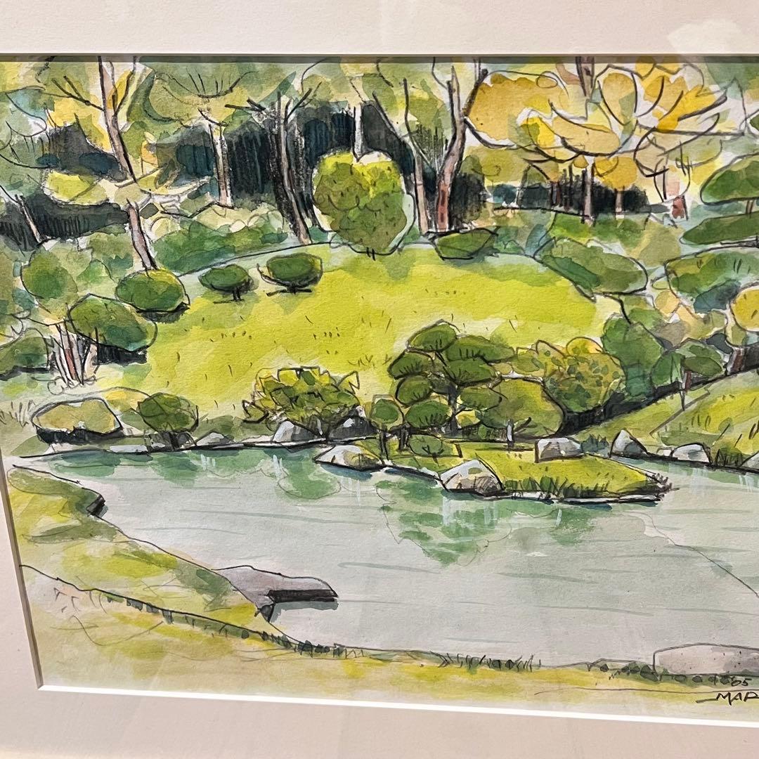 透明水彩画　日本庭園　MARUO 額縁入り　緑　園庭　インテリア　希少