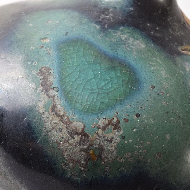 尾張瀬戸焼　加藤宇助作　黒緑釉　壷　書付時代箱　V　R8352