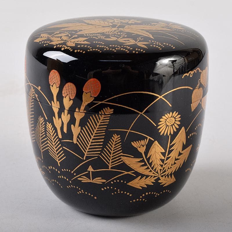 茶道具　前端春斎造　春草蒔絵　内銀溜　黒棗　建仁寺竹田益州極め箱　D　R8701