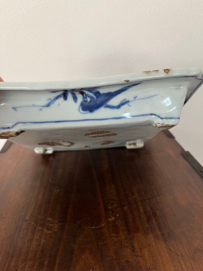 希少　中国古美術明時代　天啓古染付　牛車翁　紗綾紋　隅切角皿　古伊万里　清朝期