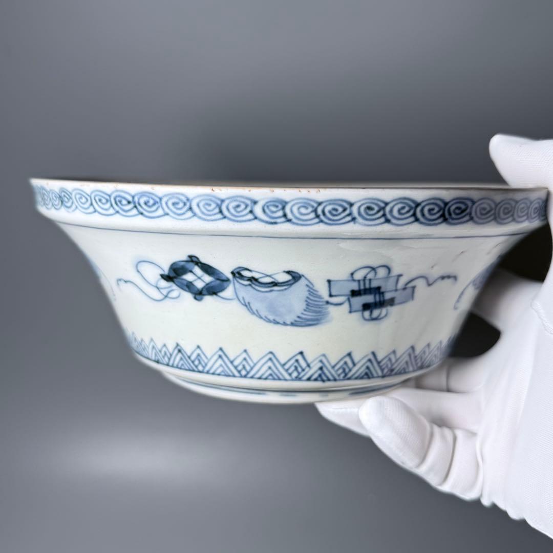 1800年代　江戸期　古伊万里　染錦鶴文様蓋付鉢　大聖寺伊万里　七宝文