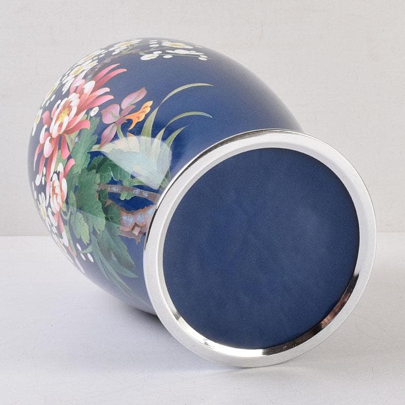 七宝焼　紺釉　四君子文　花瓶　共箱　F　R9167