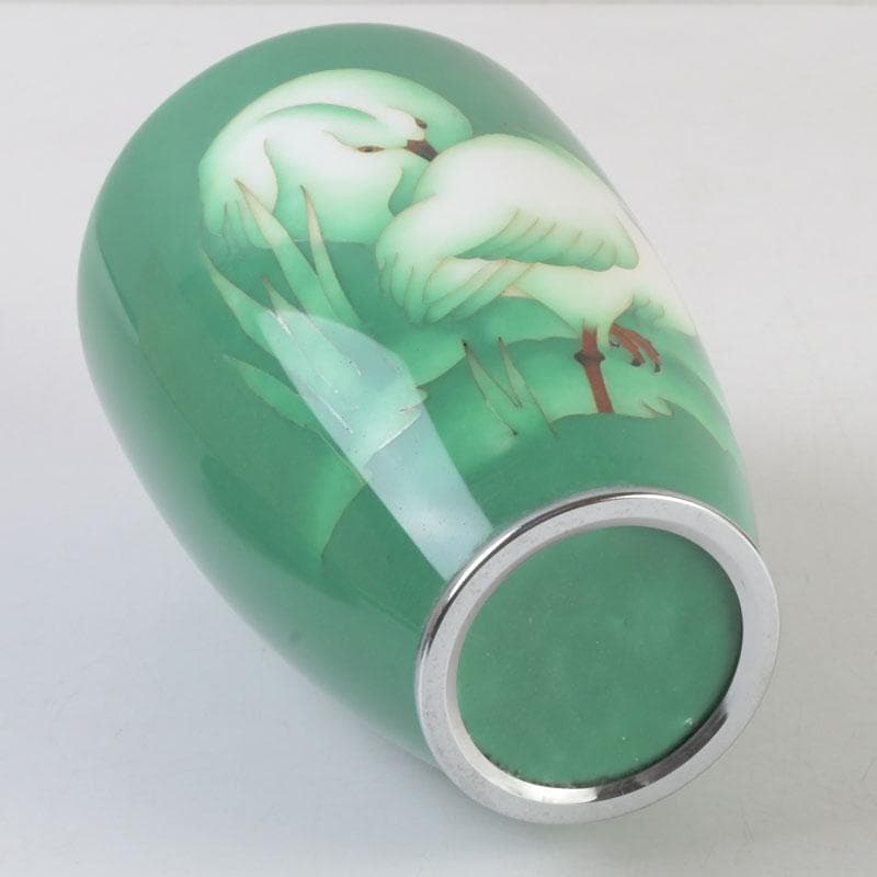 七宝焼　緑釉　双鳥文　花瓶　唐木台付　共箱　V　9586