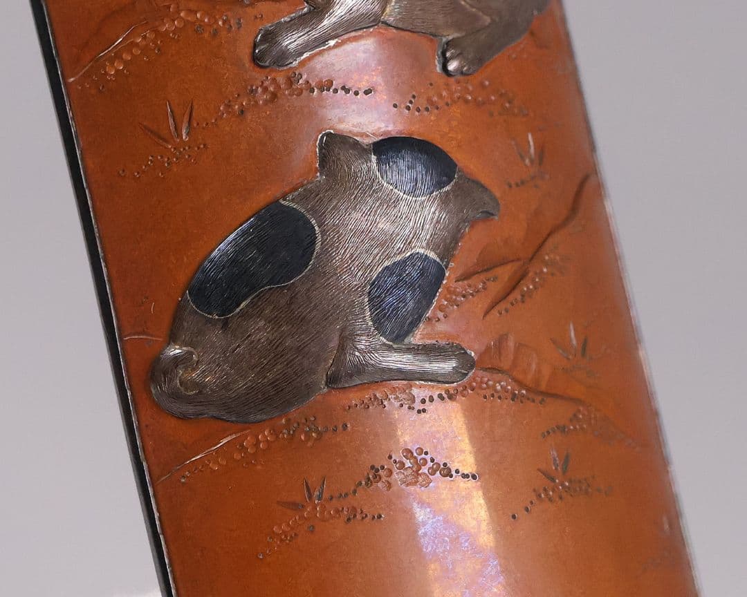 【MB20】煎茶道具 杉本儀助(作) 素銅内銀張 高肉象嵌 仔犬 茶合 金工