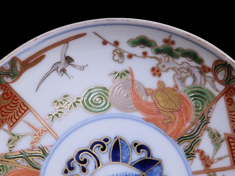 古伊万里　金襴手　松竹梅に鶴亀の図　５寸半皿　５枚　A915AS-CXd