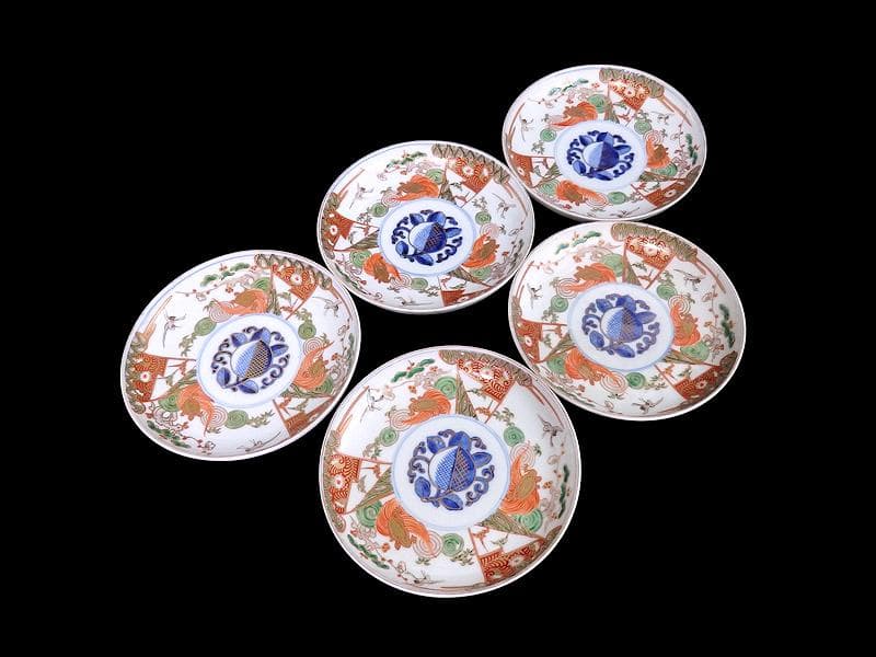 古伊万里　金襴手　松竹梅に鶴亀の図　５寸半皿　５枚　A915AS-CXd